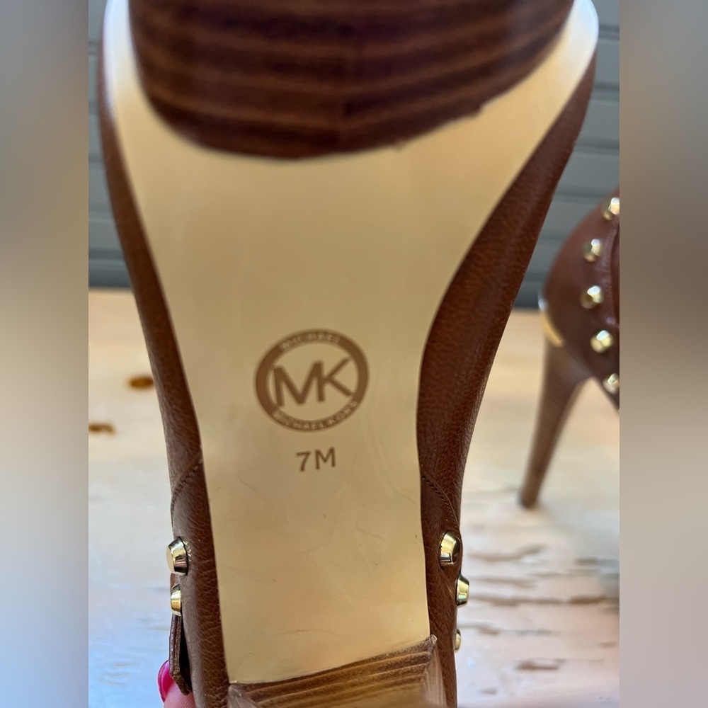 Michael Kors Women Ailee Brown Ankle Boots Size 7 M Open Toe Peep Gold Studded - Picture 8 of 13